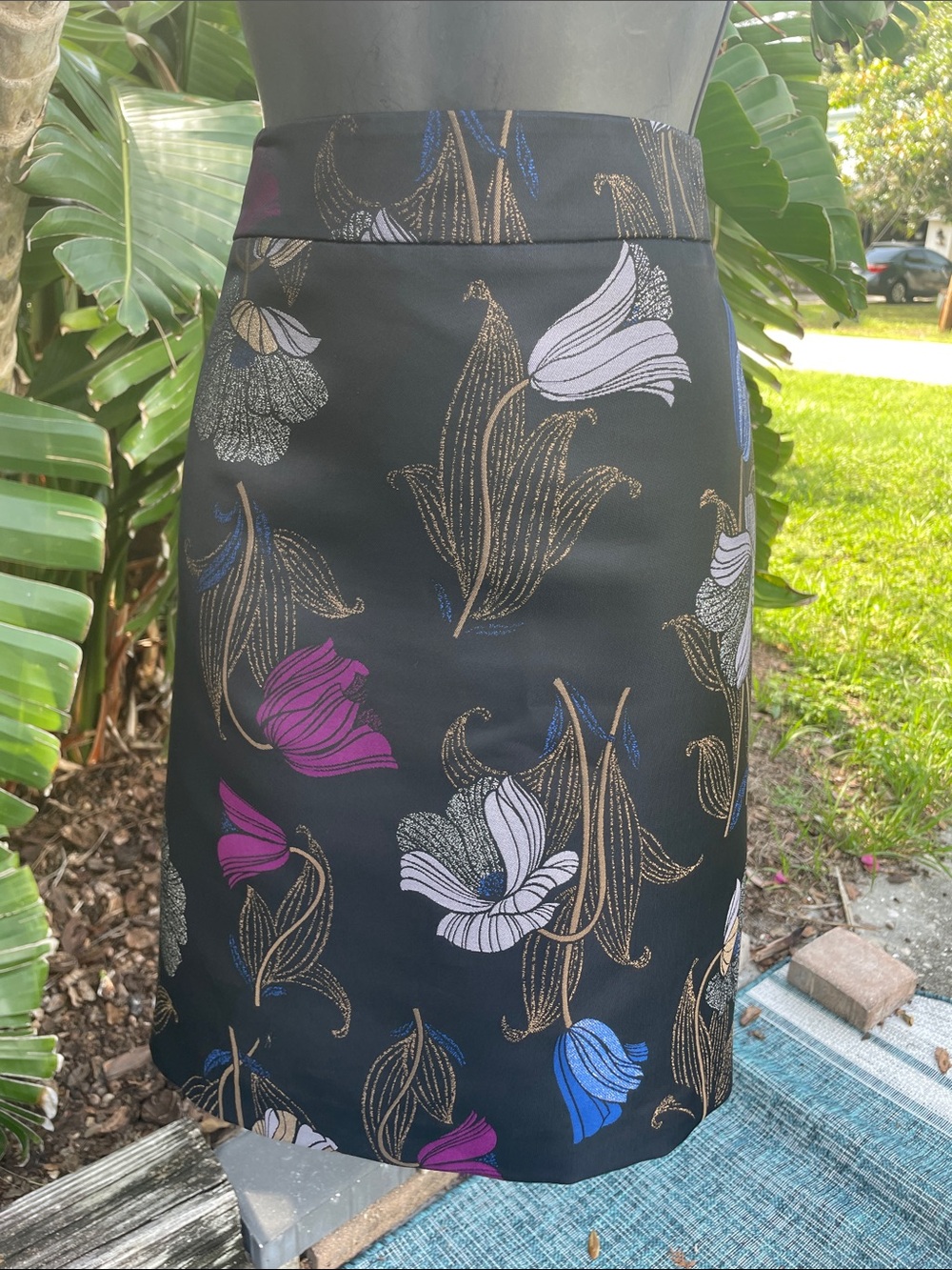 dark floral metallic, brocade, satin pencil skirt